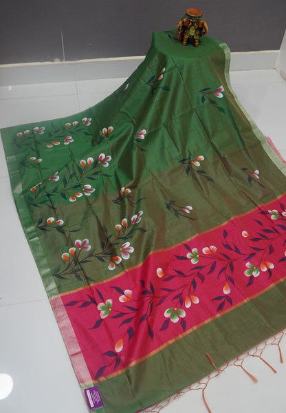 Cora Linen Saree-Green with Hand Painted Floral Motifs