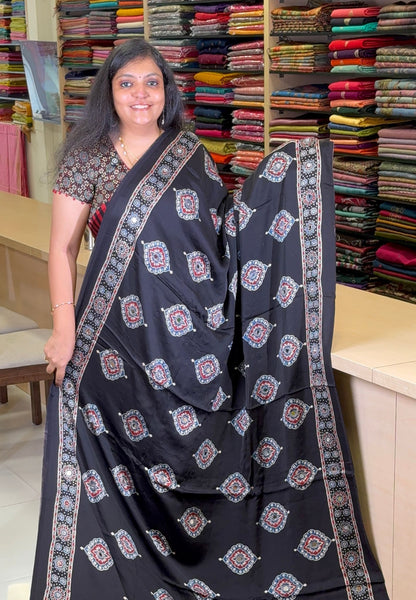 Pure Modal Silk Saree-Original Mirror Work &Traditional Printed Motifs - Black with red
