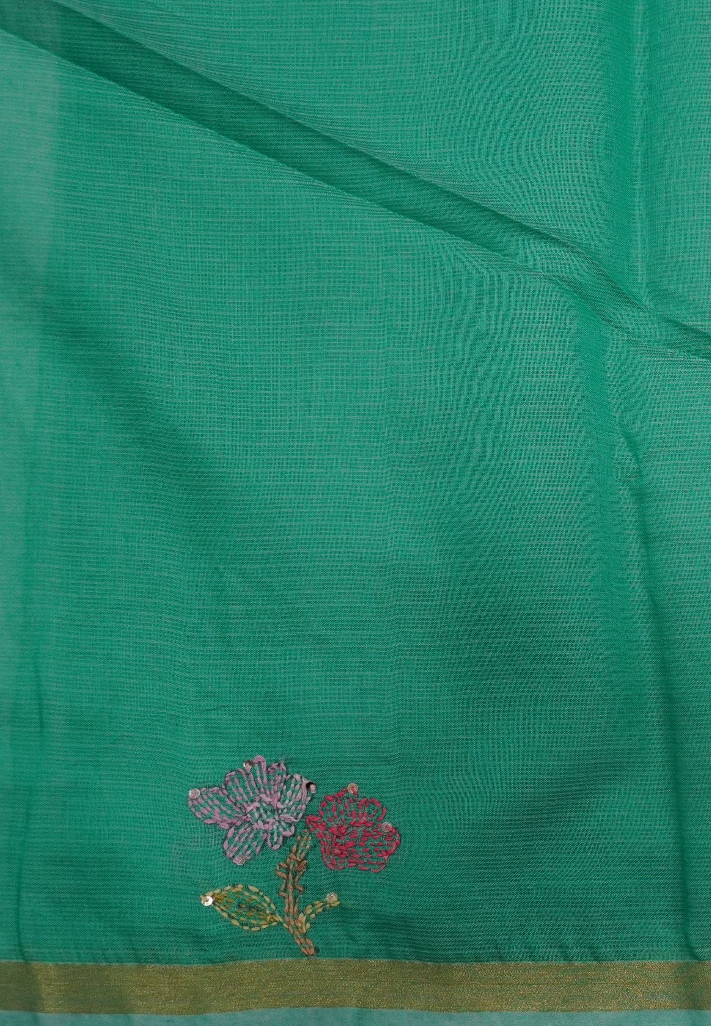 Kota Saree with Bird Embroidery Work - Teal Green