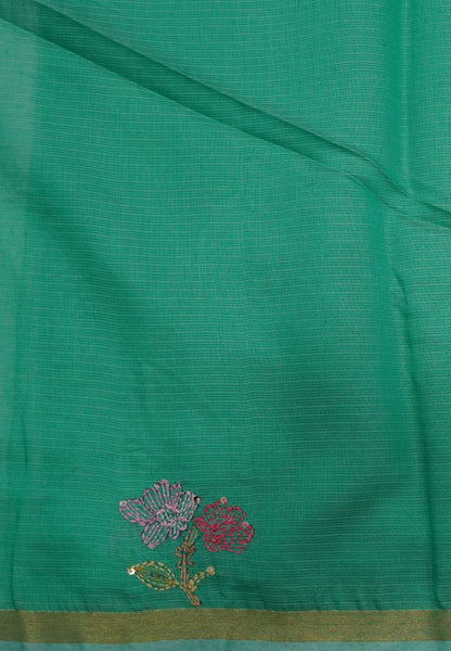 Kota Saree with Bird Embroidery Work - Teal Green