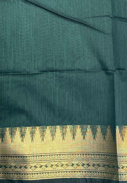 Handloom Silk Cotton Saree-Bottle Green in Temple Tower Zari Border