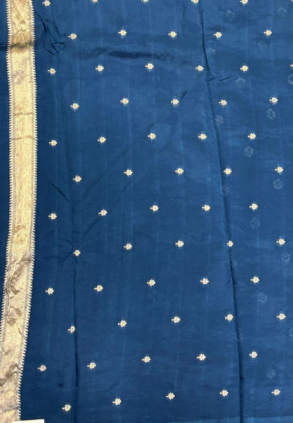 Satin Organza Saree-Peacock Blue In Paithani Floral Zari Border