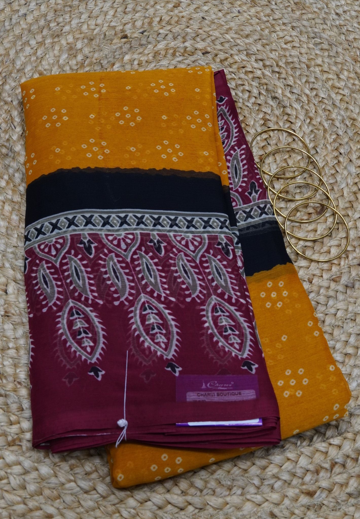 Chiffon Saree - Bandhini Yellow - Maroon