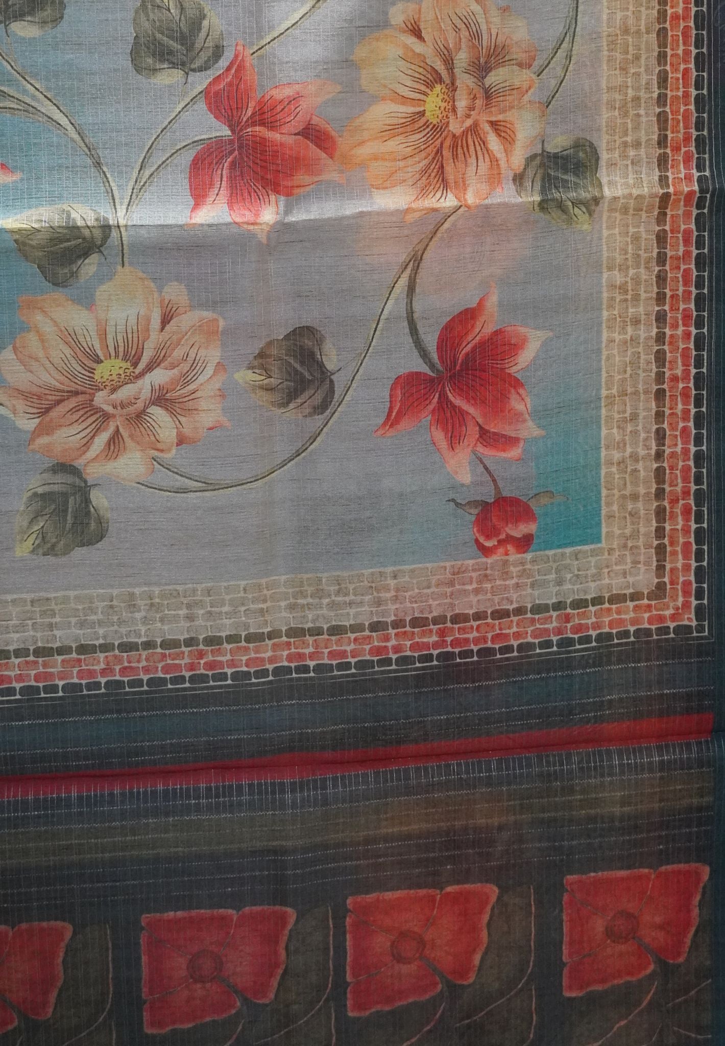 Bhagalpur Tussar  - Floral Pattern Greyish Blue