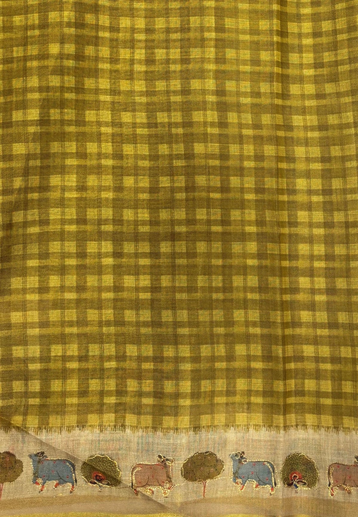 Tissue Linen Saree-Olive Green in Pichwai Cow & Peacock Motif Border