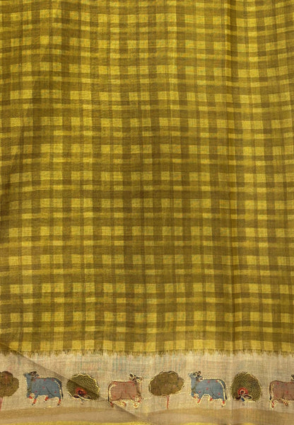 Tissue Linen Saree-Olive Green in Pichwai Cow & Peacock Motif Border
