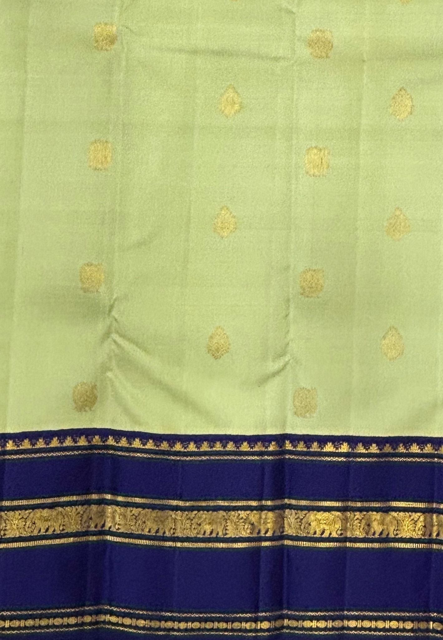 Pure Kanchipuram Silk Saree-Light Pista Green-Navy Blue In Elephant Zari with Contrast Border