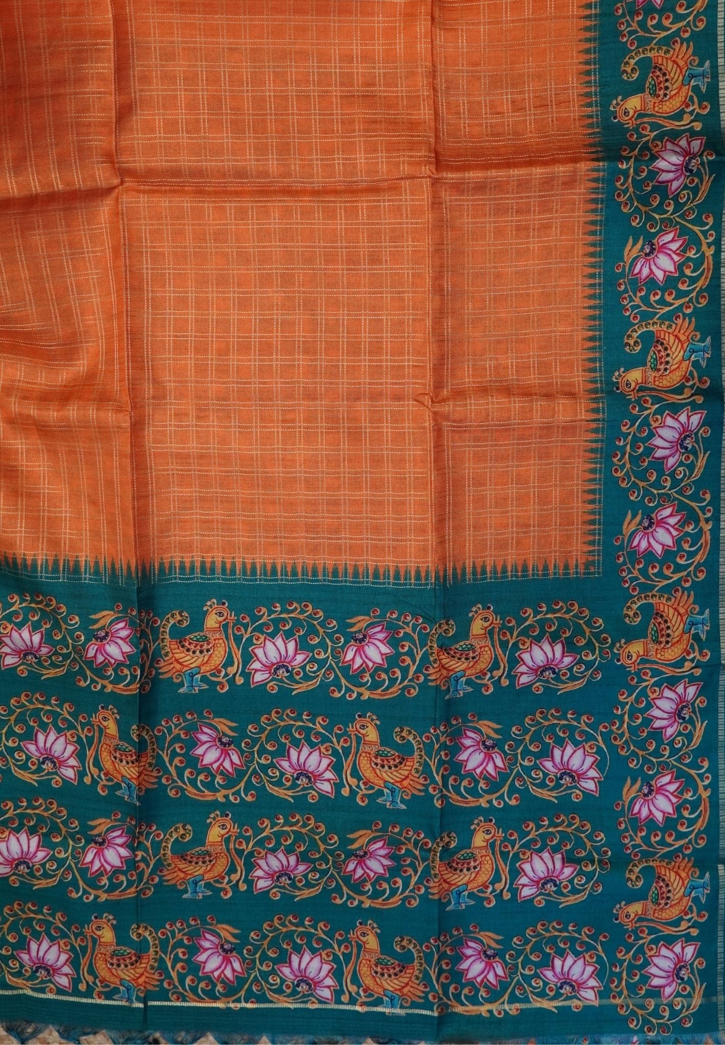 Premium Matka Tussar Saree-Orange with Contrast Border in Tanjore Print
