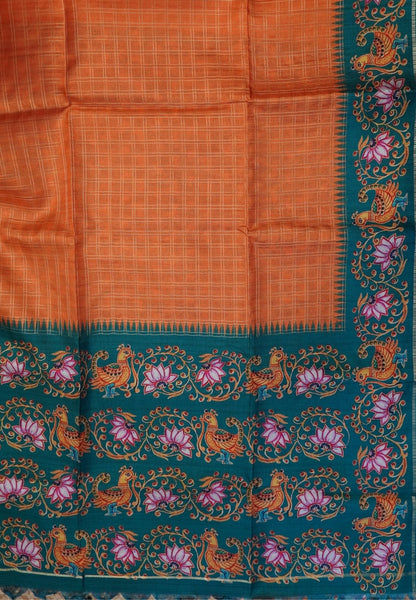 Premium Matka Tussar Saree-Orange with Contrast Border in Tanjore Print
