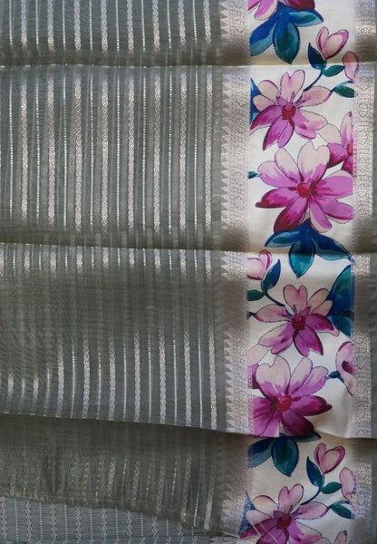 Semi Organza Saree-Metallic Green with Floral Border