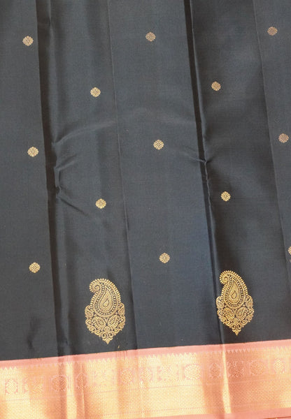 Pure Korvai Kanchipuram Silk Saree-Peacock blue-Light pink with paisley motif