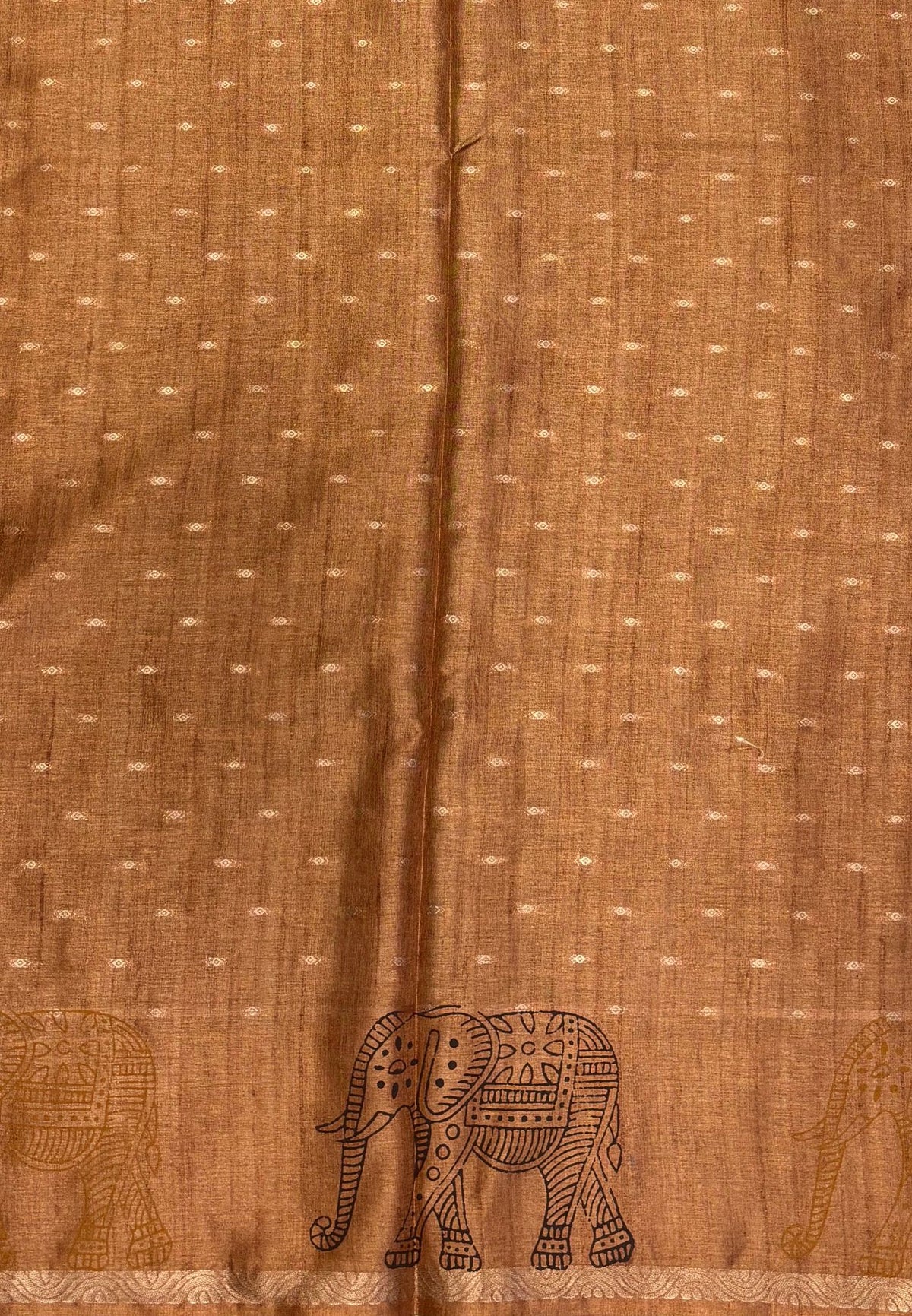 Semi Tussar Saree-Brown in Traditional Elephant Motif Zari with Contrast Border