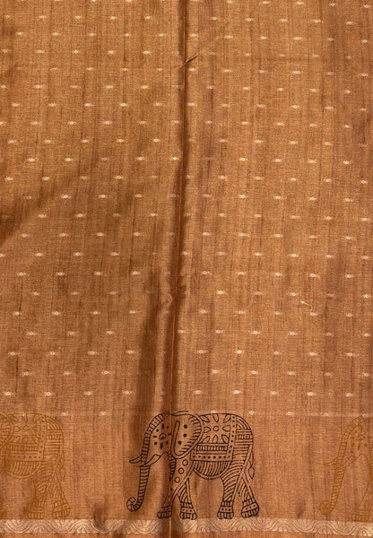 Semi Tussar Saree-Brown in Traditional Elephant Motif Zari with Contrast Border