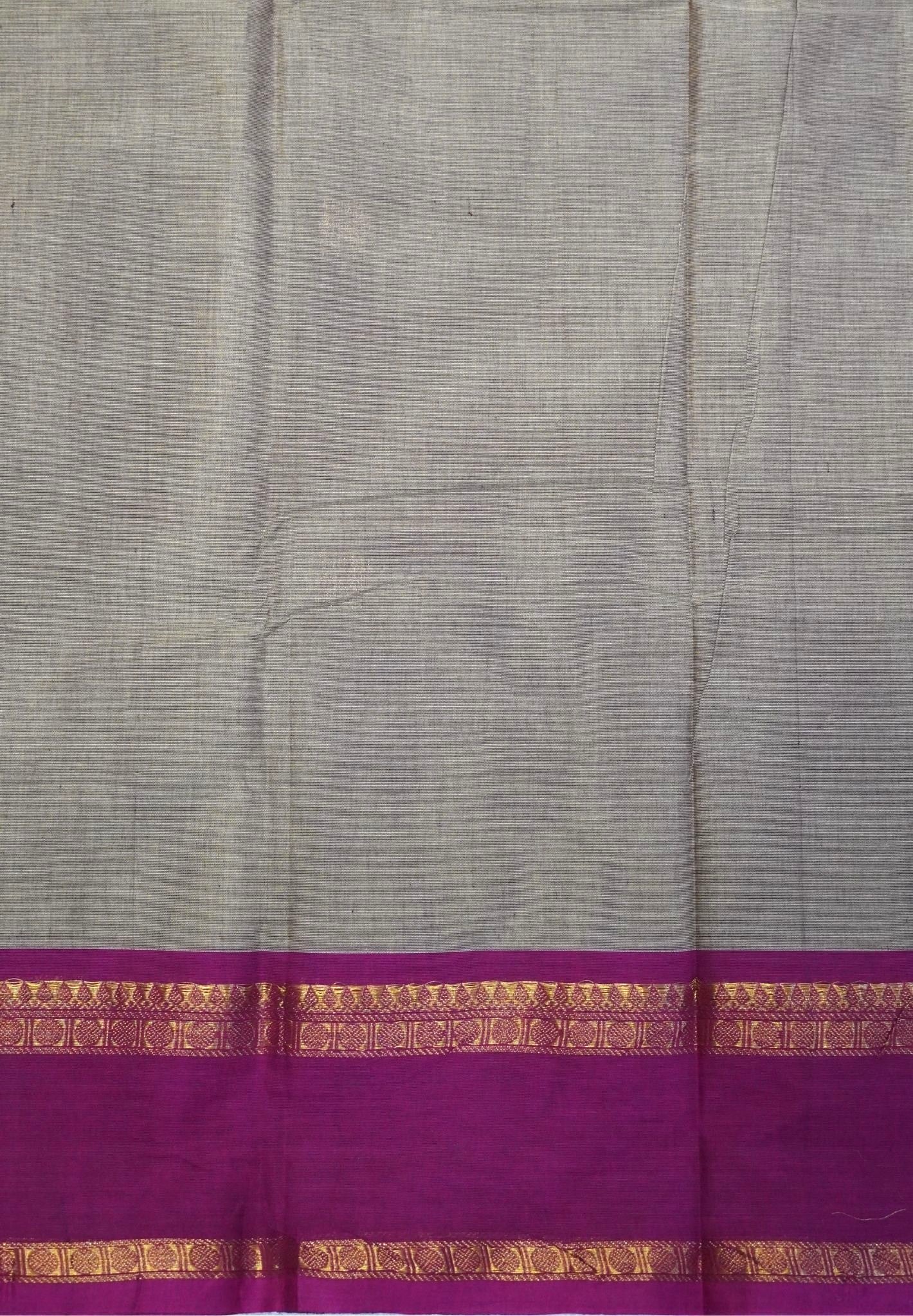 Chettinadu Cotton Saree-Brown Beige with Contrast Zari Border & Annapakshi Buttas