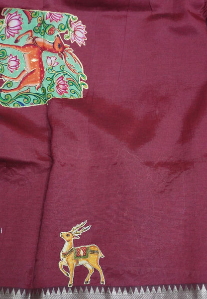 Pure Mangalgiri Silk Saree- Maroon with Appliqué Work