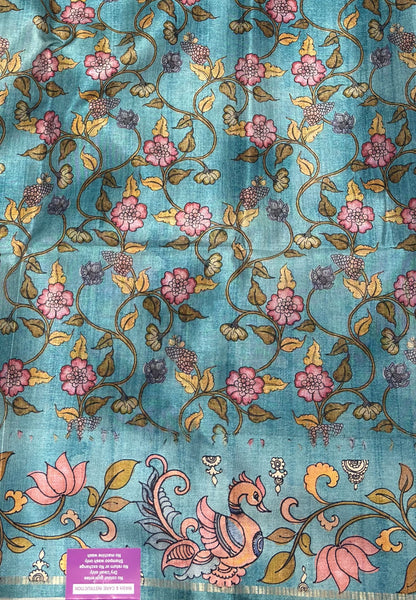 Matka Tussar Saree-Sky Blue with Kalamkari Border