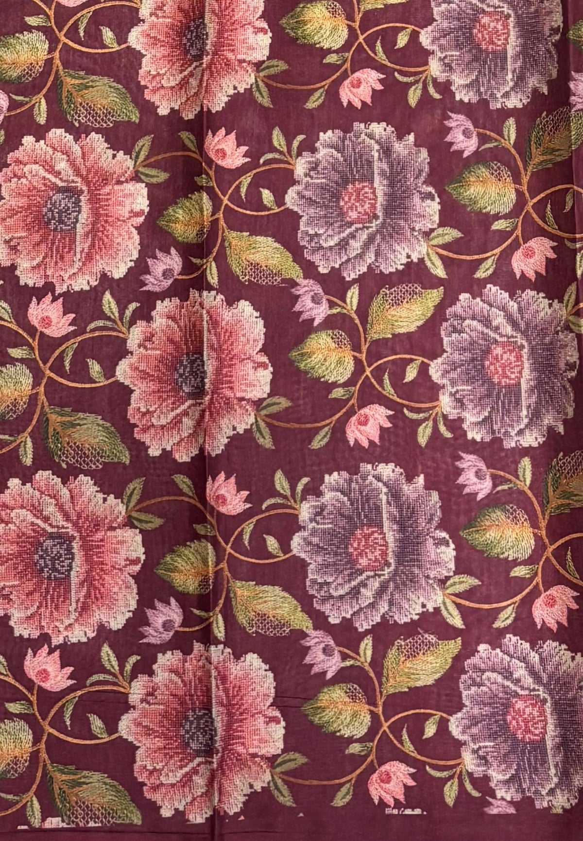 Soft Tussar Saree-Maroon in Floral Garden Border