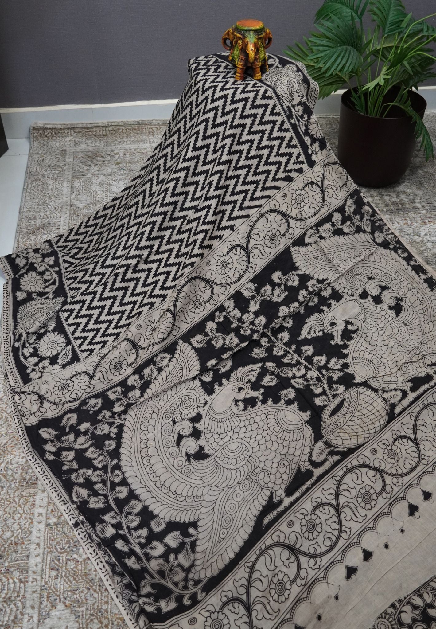 Kalamkari Cotton Saree – Black & Ivory Heritage Print