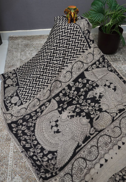 Kalamkari Cotton Saree – Black & Ivory Heritage Print