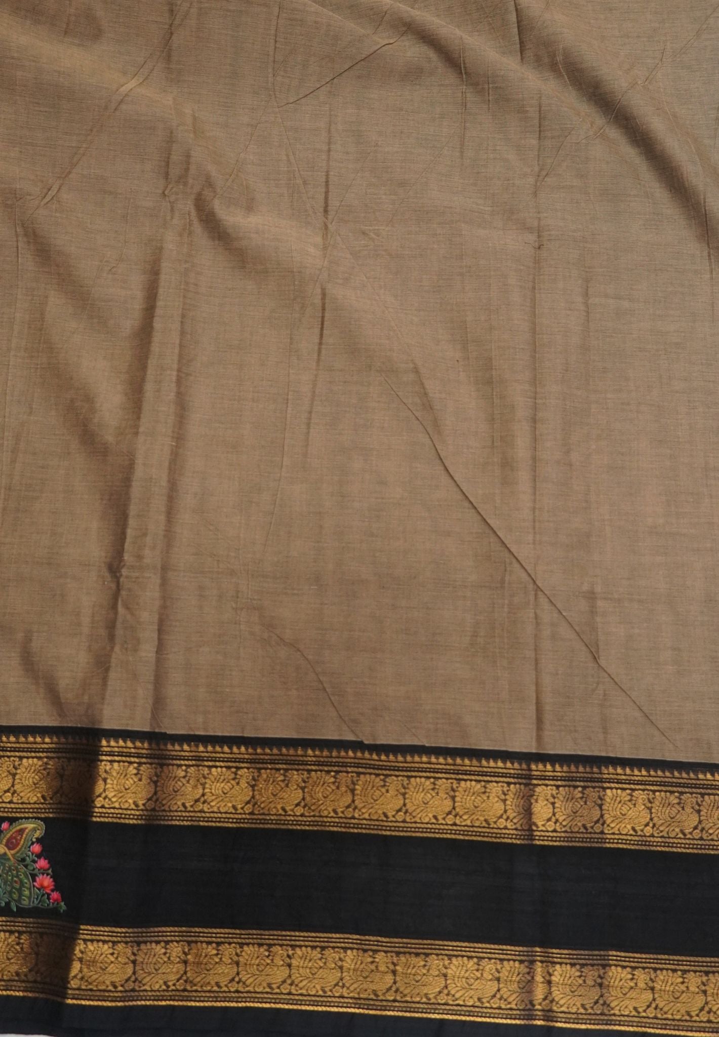Chettinad Cotton Saree- Beige with Thogai Mayil Tanjore Print
