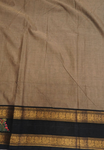 Chettinad Cotton Saree- Beige with Thogai Mayil Tanjore Print