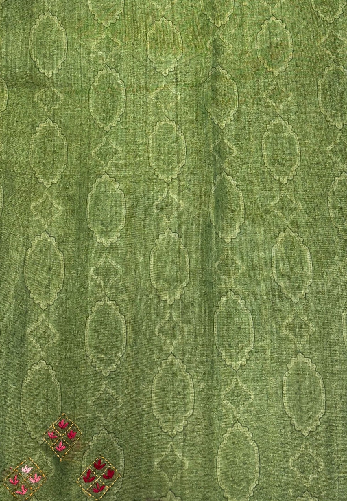 Tissue Linen Saree-Green in Phulkari Embroidery Border