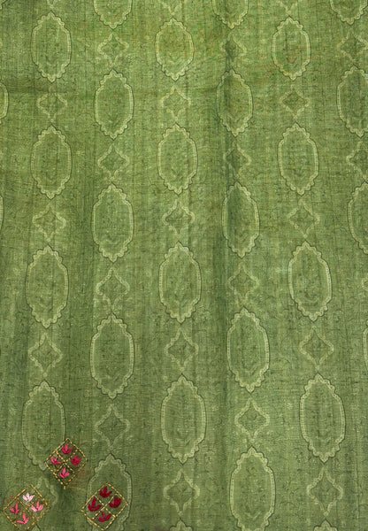 Tissue Linen Saree-Green in Phulkari Embroidery Border
