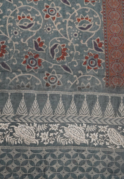 Semi Chanderi Saree-Blue with Floral Pattern