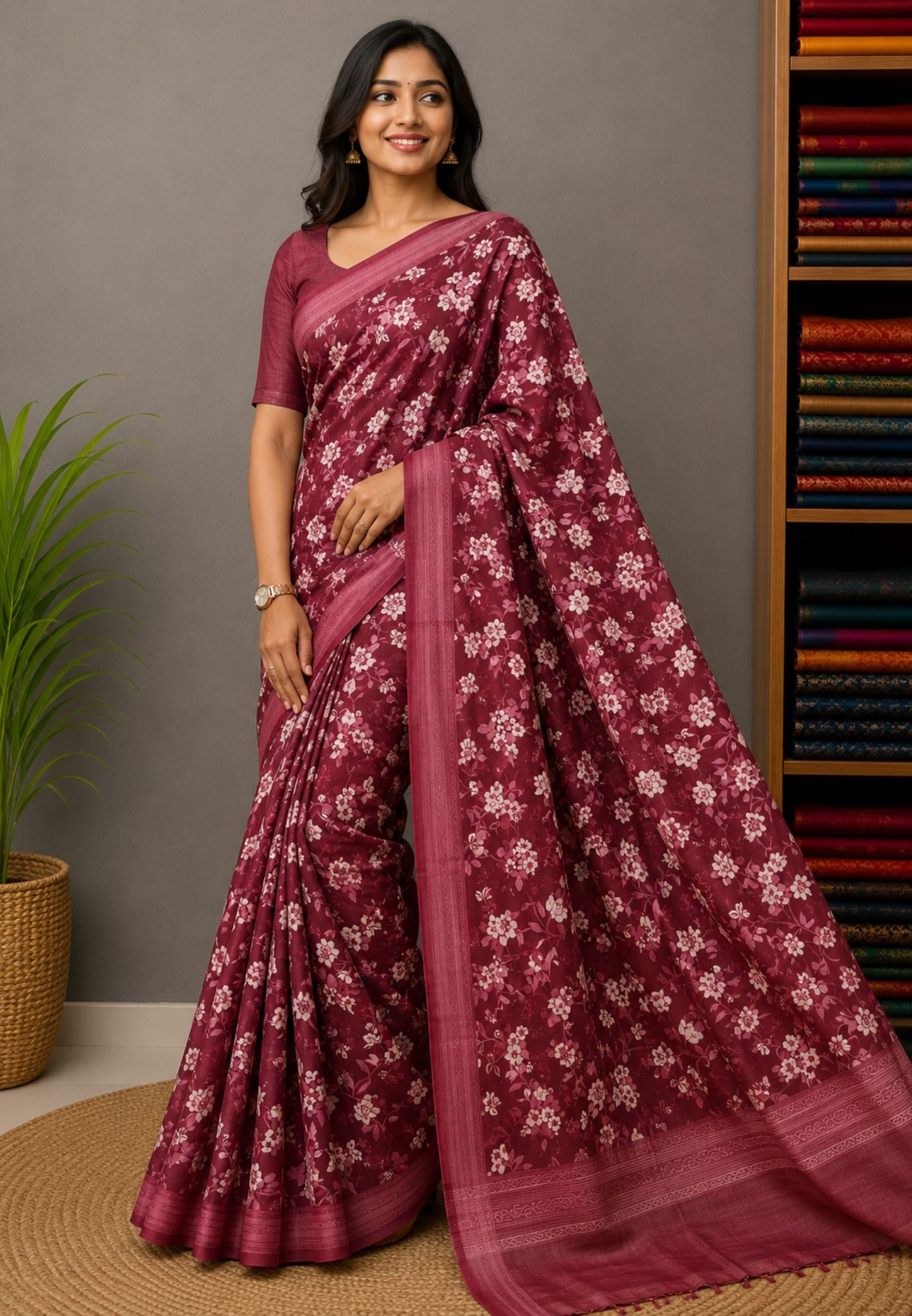 Pure Tussar Saree-Dark Pink with Floral Pattern