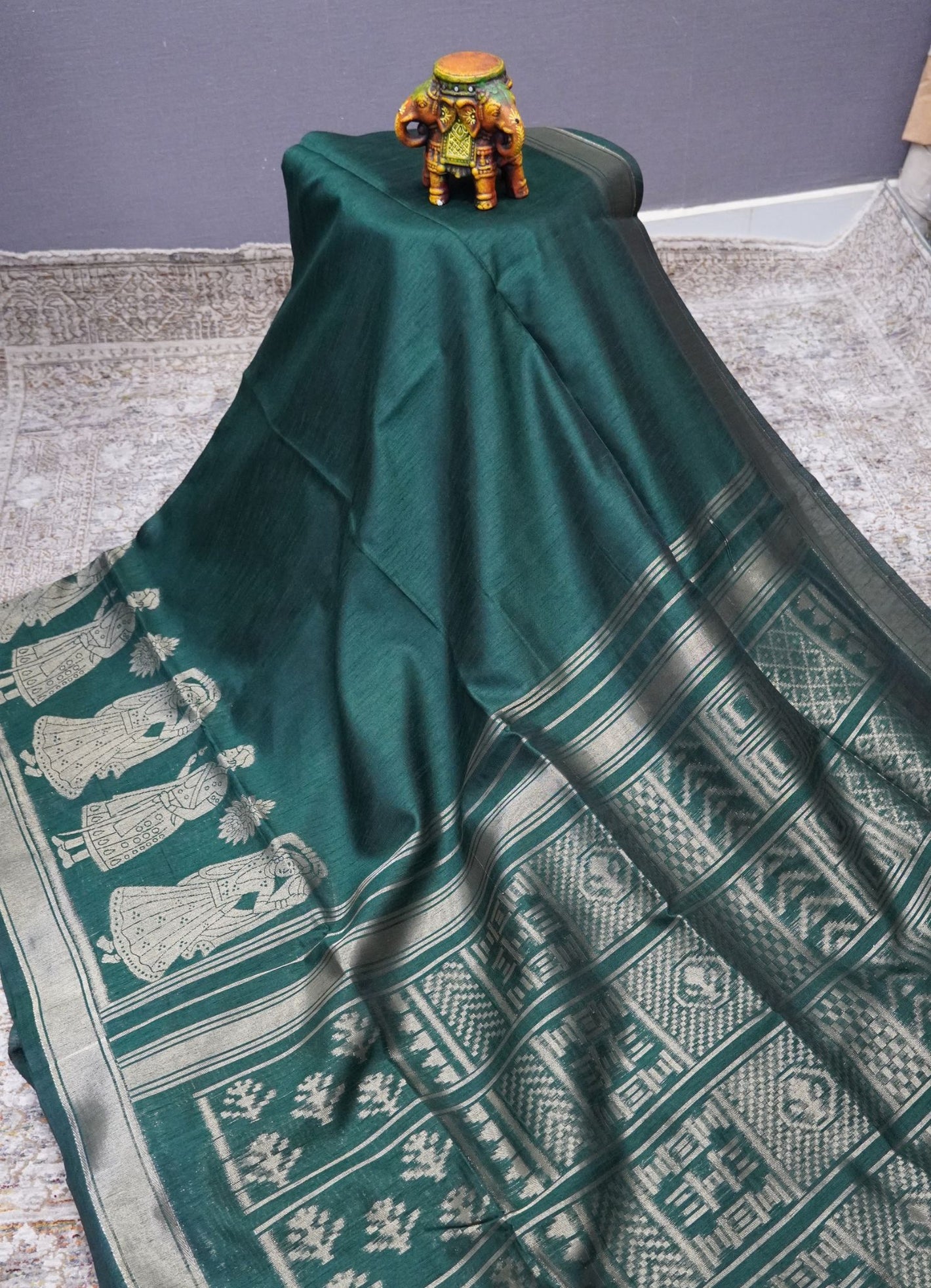 Semi Raw Silk Saree - Bottle Green with Doll Zari