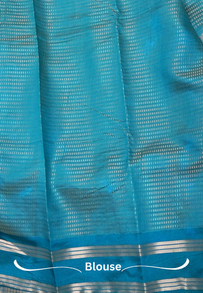 Semi Tussar Saree-Ramar Blue in RainDrop Zari with Retapet Border