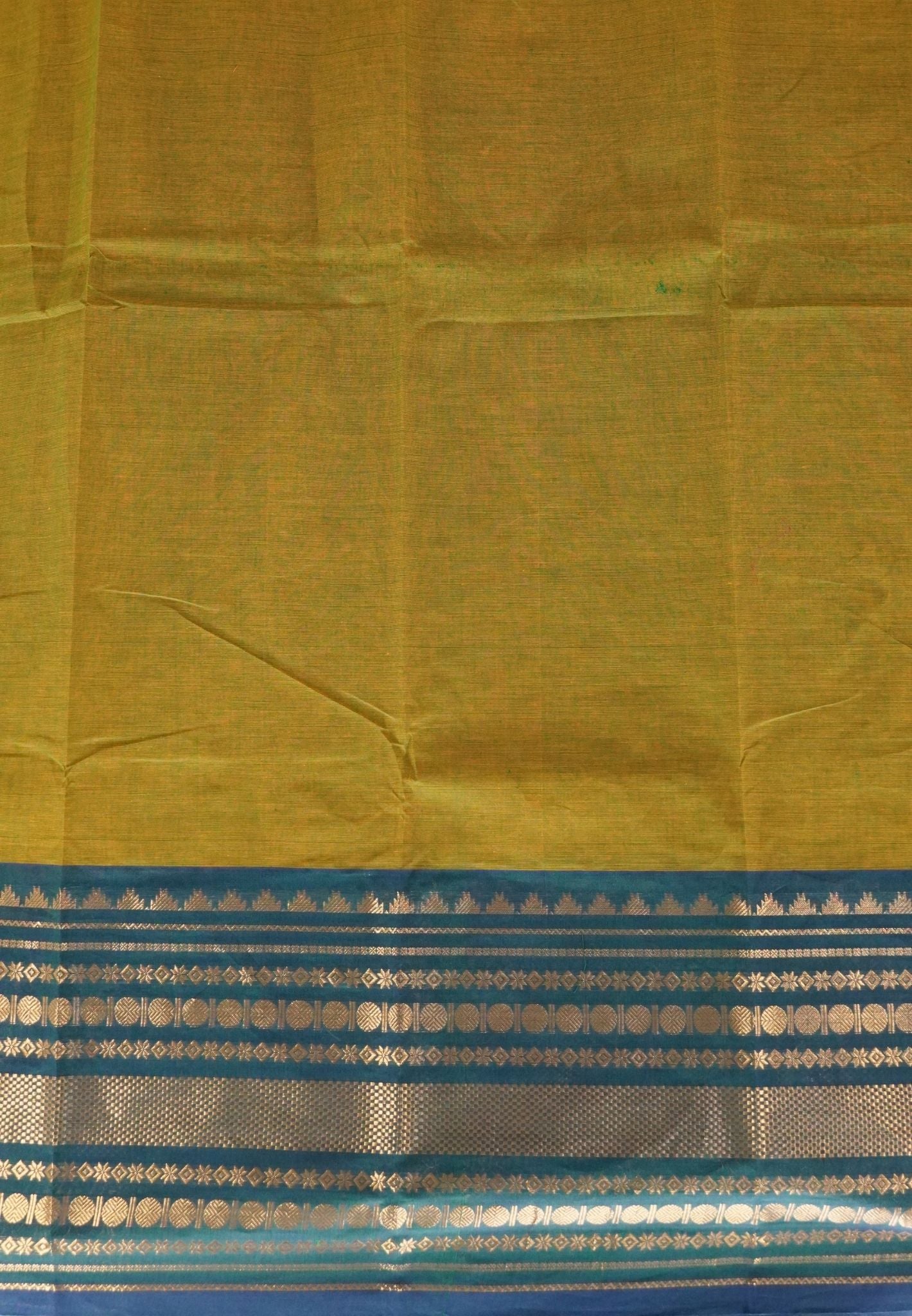 Chettinad Cotton Saree–Golden Green with Temple Zari Border