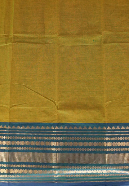Chettinad Cotton Saree–Golden Green with Temple Zari Border