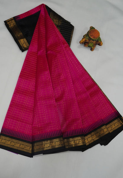 Pure Silk Cotton Saree-Rani Pink in Golden Zari Checks with Contrast Border