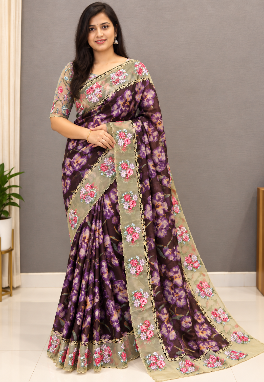 Designer Saree-Brown with Floral Hand Paint