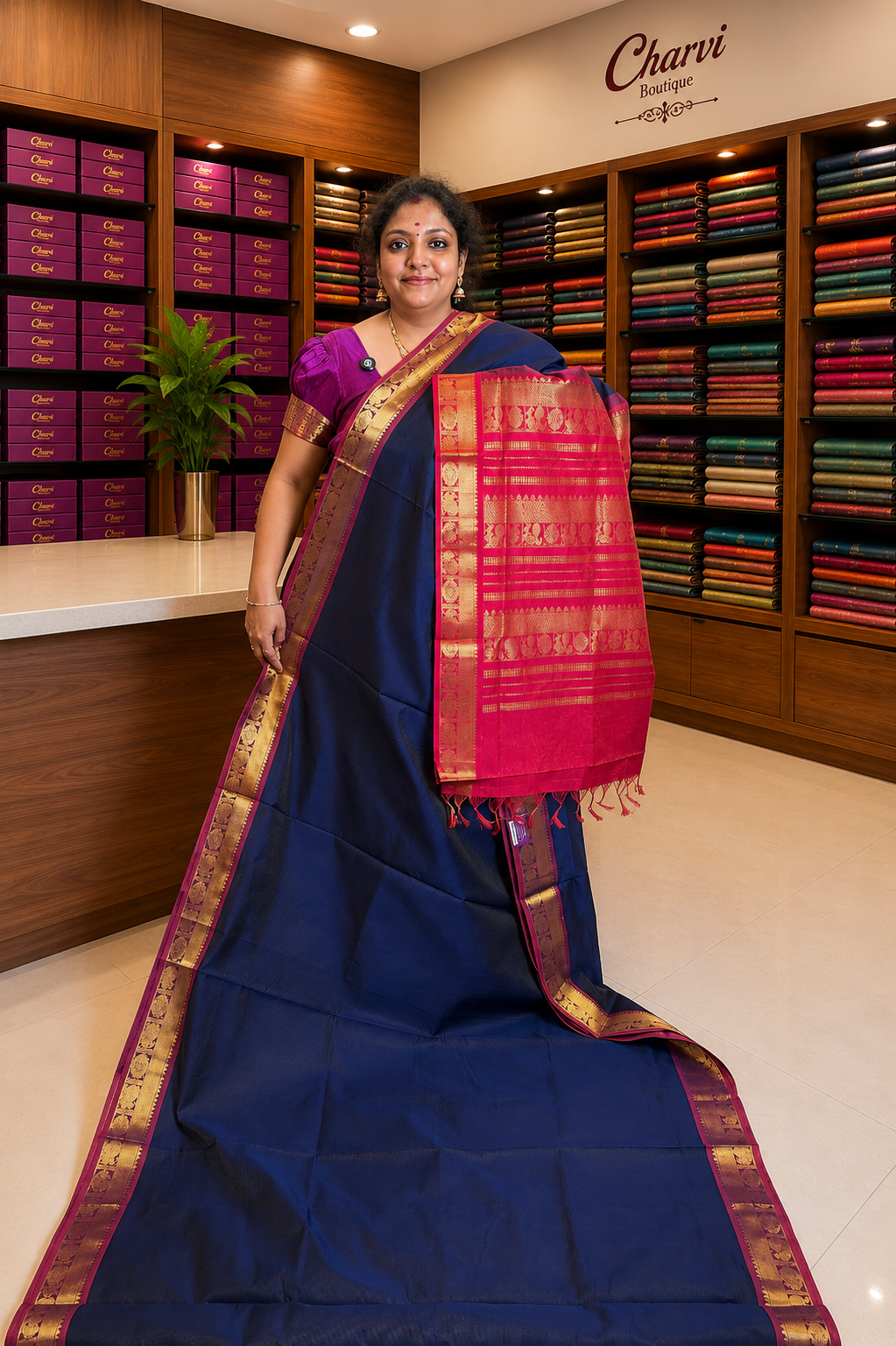 Silk Cotton Saree-Navy Blue with Contrast Border in Vairaoosi Pattern