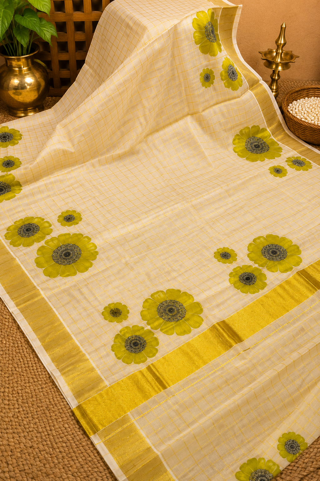 Tissue Saree – Sandal with Golden Checks and Green Floral Print