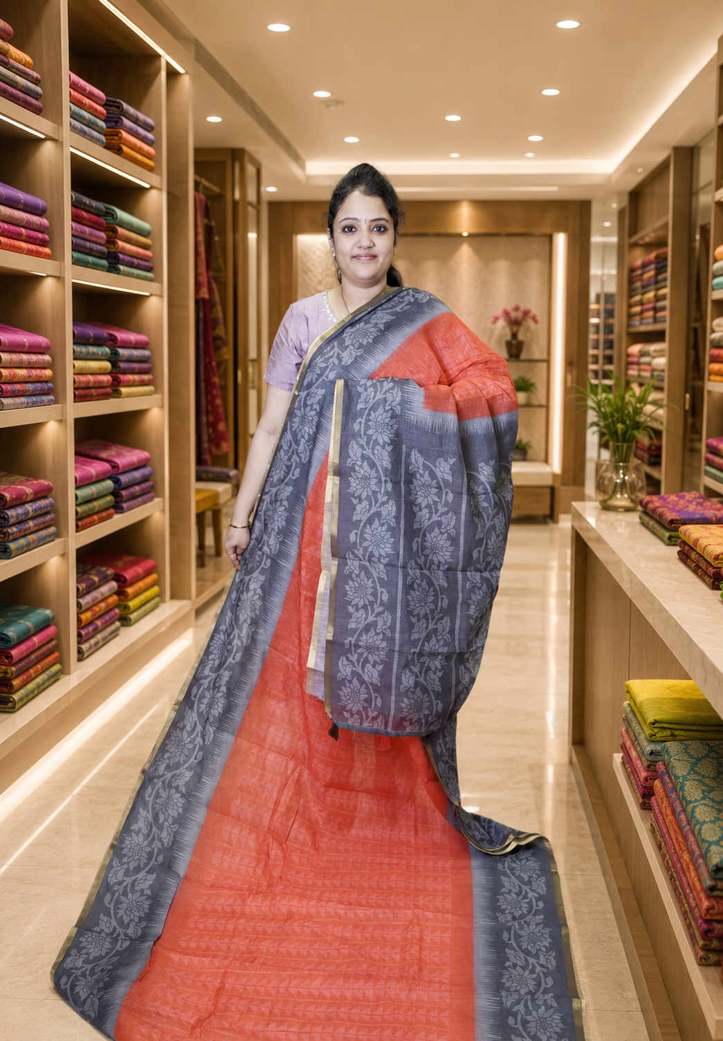 Linen Saree- Red-Grey with Abstract Pattern