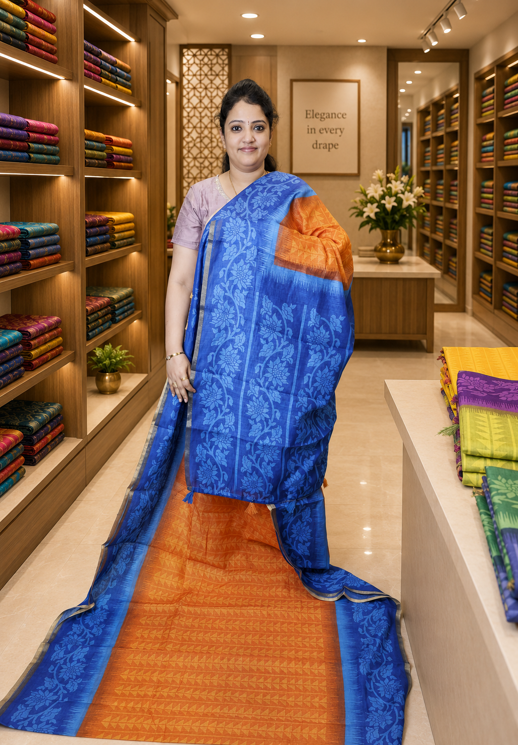 Linen Saree-Orange-Blue with Abstract Pattern