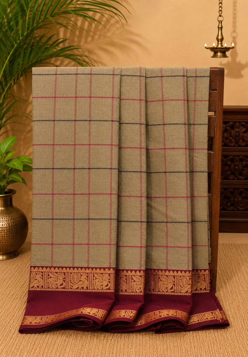 Chettinad Cotton Saree–Grey With Thread Checks Annapakshi Zari Border