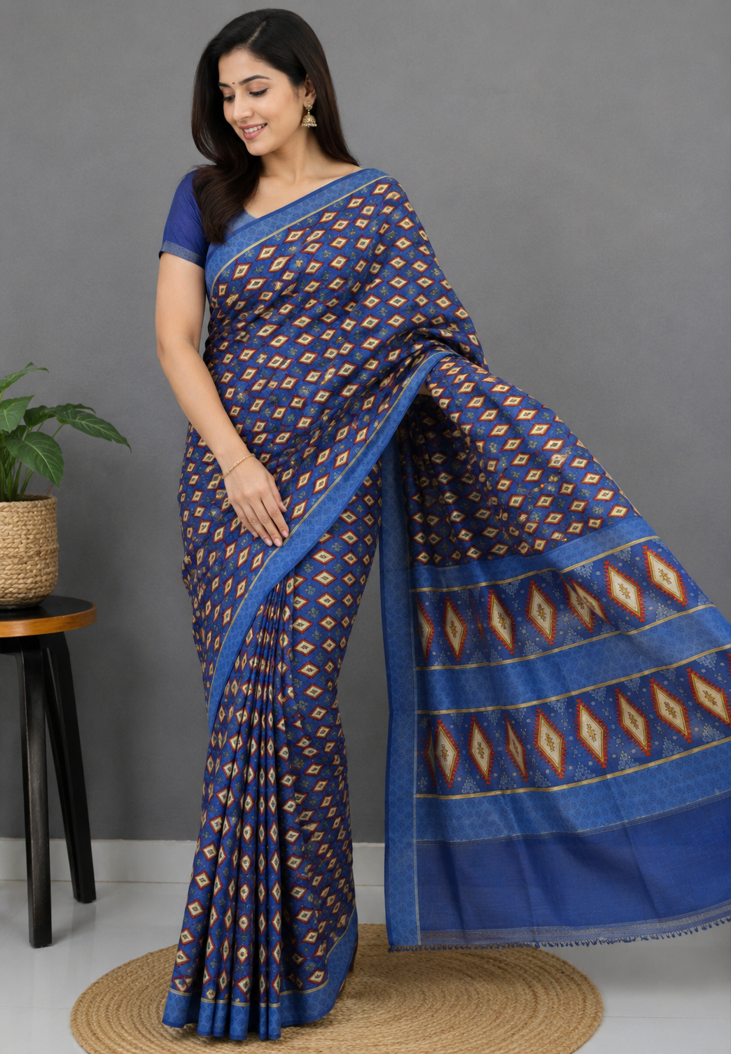 Pure Tussar Saree-Blue in Diamond Pattern