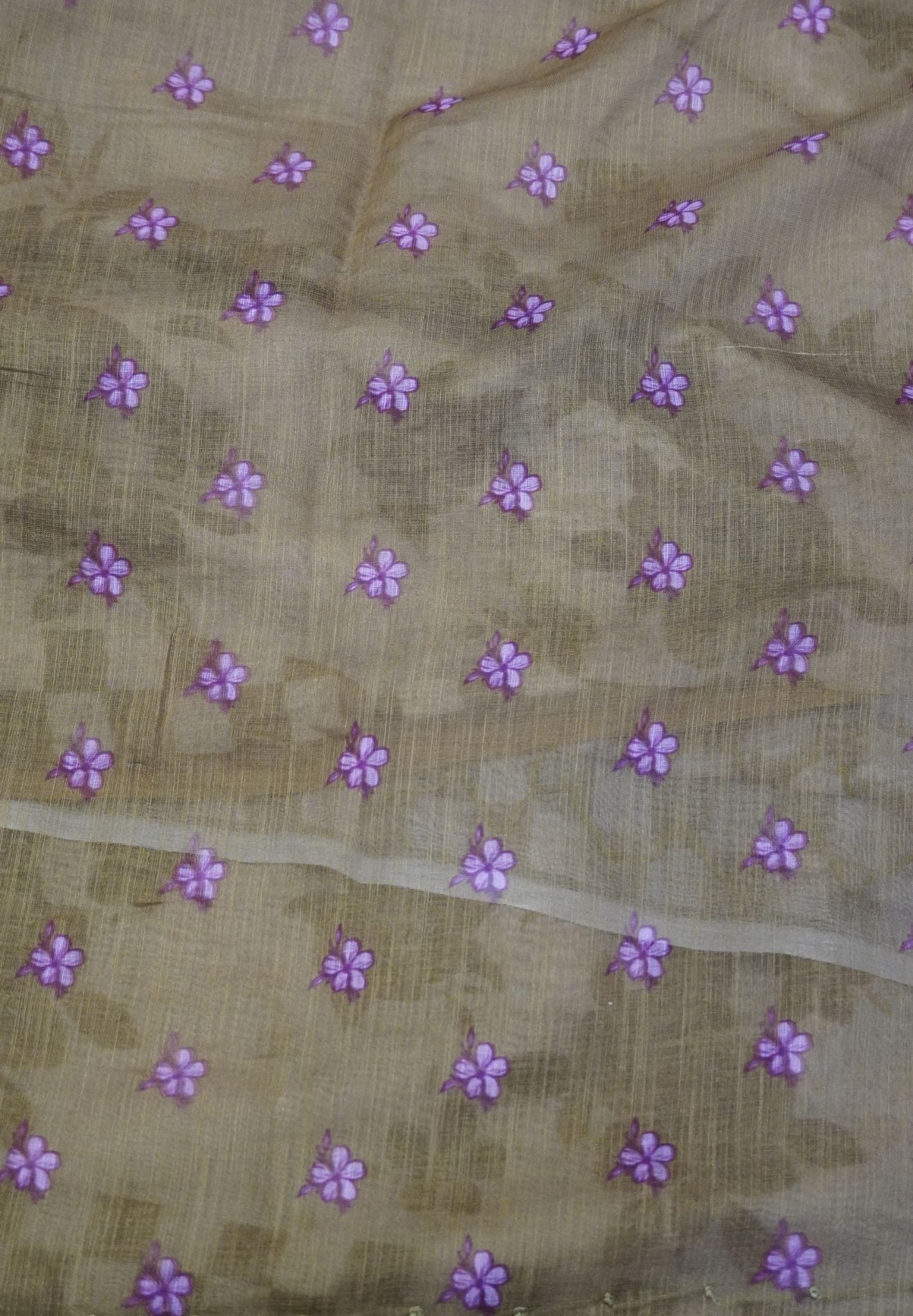 Linen Saree-Khaki Checkered Border with French Knot