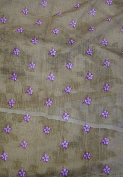 Linen Saree-Khaki Checkered Border with French Knot