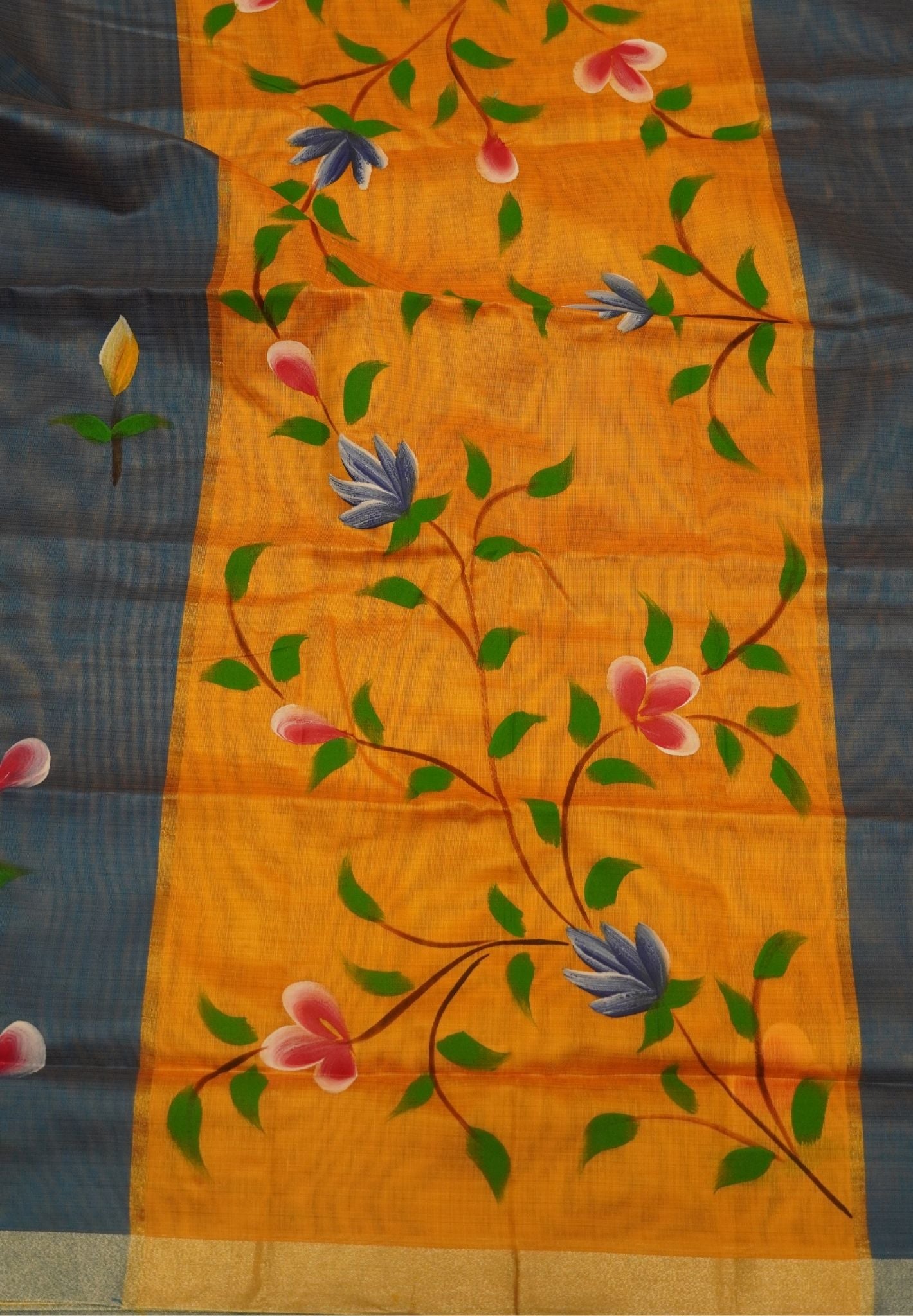 Cora Linen Saree-Blue with Hand Painted Floral Motifs