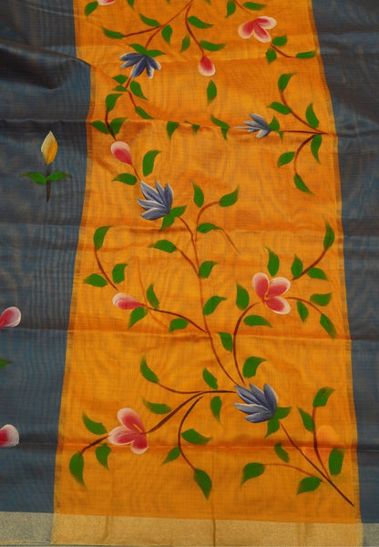 Cora Linen Saree-Blue with Hand Painted Floral Motifs