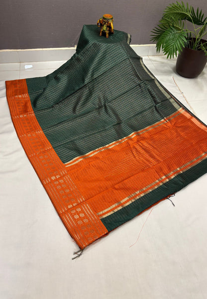 Raw Silk Saree-Bottle Green in 1000 Butta with Contrast Zari Border