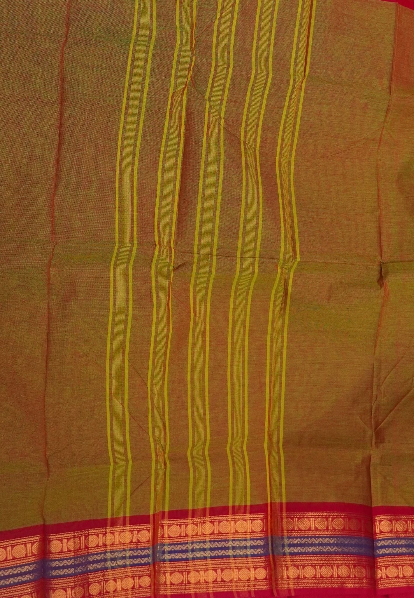Kanchi Cotton Saree-Mehendi Green-Red With Rudraksh Border
