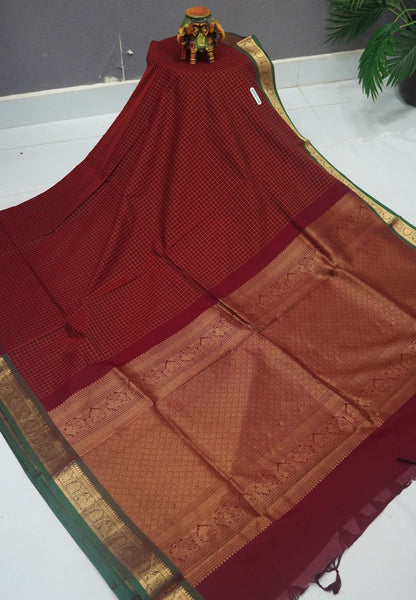 Rich Kanchi Cotton Saree-Maroon in Checkered Pattern with Contrast Border