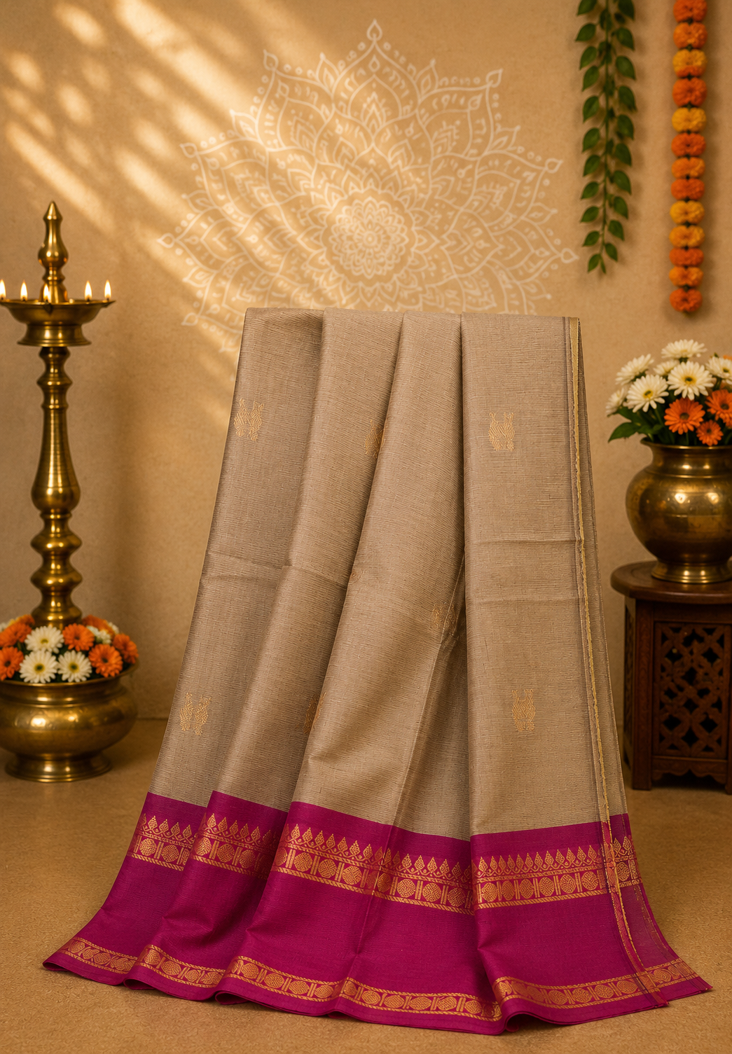 Chettinadu Cotton Saree-Brown Beige with Contrast Zari Border & Annapakshi Buttas