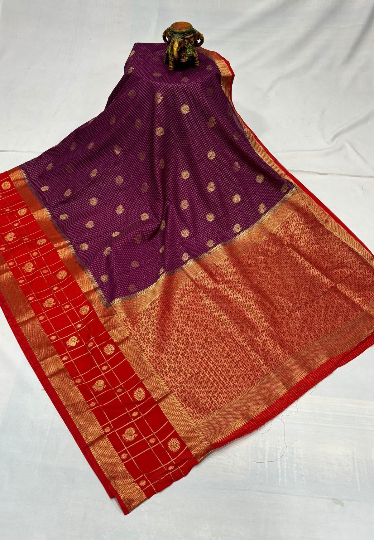 Art Mysore Silk Saree-Wine in Checkered Pattern with Contrast Border